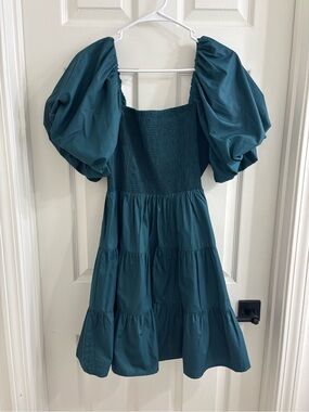 Teal Puff-Sleeve Tiered Dress